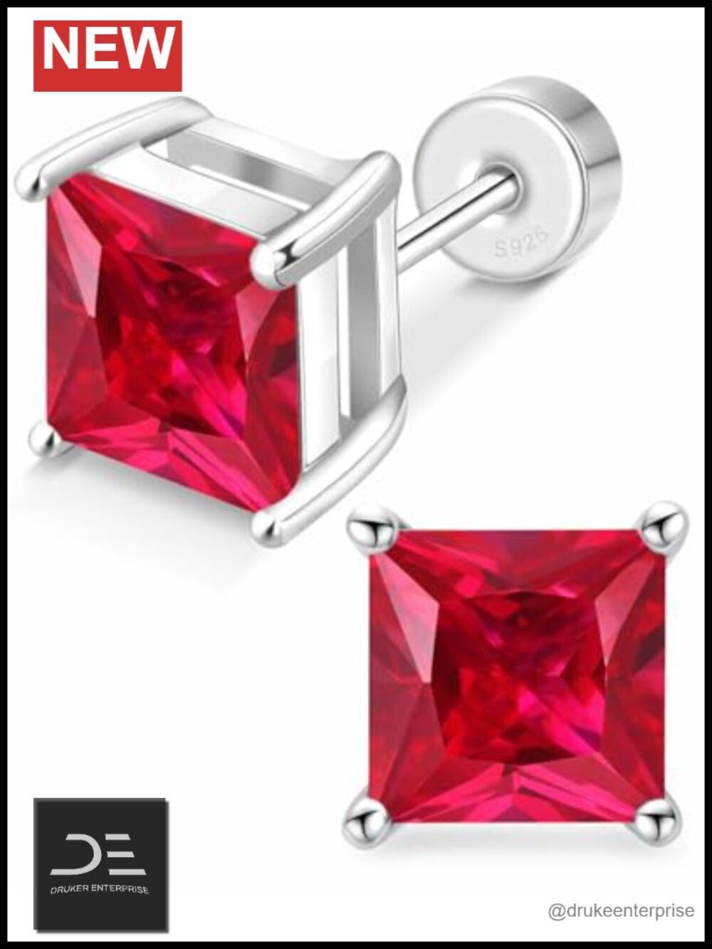Princess Cut CZ Flat Back Stud Earrings Solid 925 Silver Screw Back